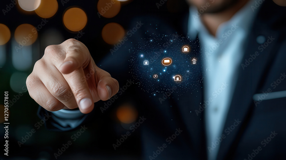 Poster business professional interacting with digital security icons, showcasing technology and innovation.