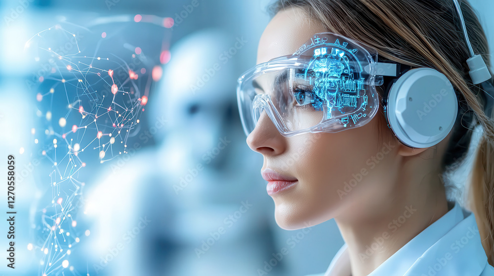 Aufkleber woman wearing futuristic glasses with ai technology, showcasing digital connections and robotic figu