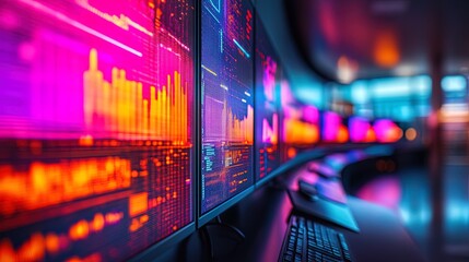 Obraz premium A high-tech workspace with multiple monitors displaying colorful data streams