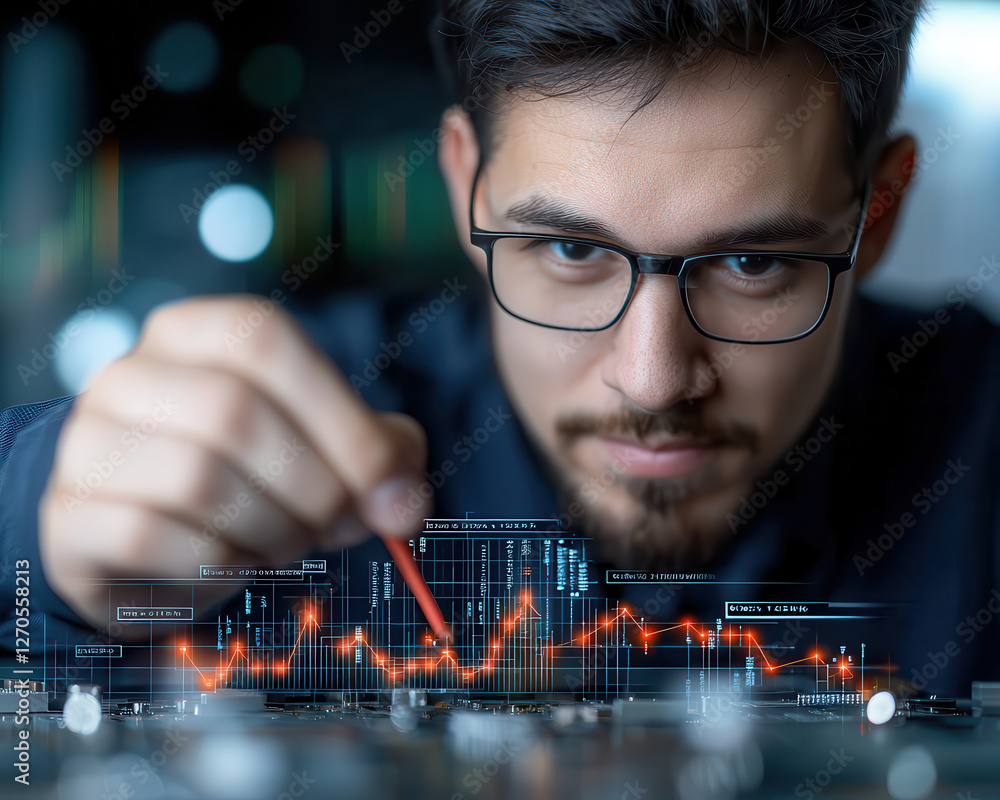 Poster focused man analyzing data trends with digital interface, showcasing graphs and statistics. His concentration highlights importance of data in decision making