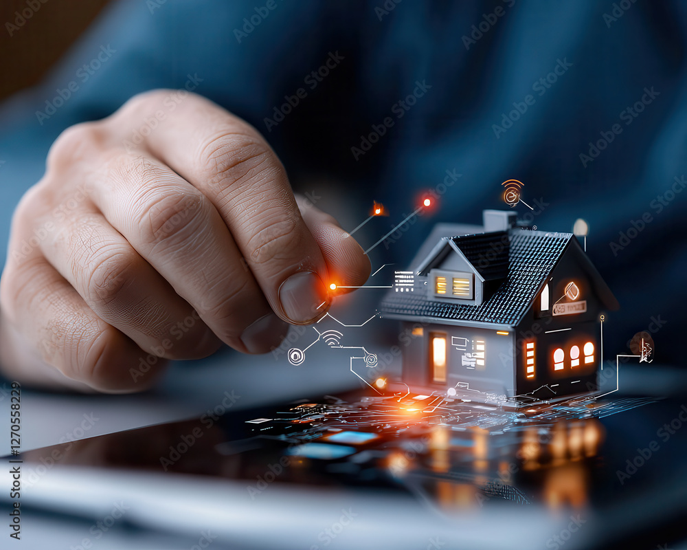 Aufkleber hand interacting with smart home model on tablet, showcasing technology integration and automation. 