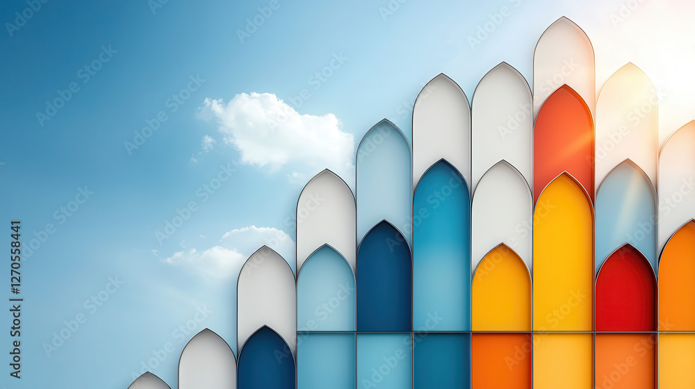 Aufkleber visually captivating pattern of modern building facades with colorful arches against bright sky. vib
