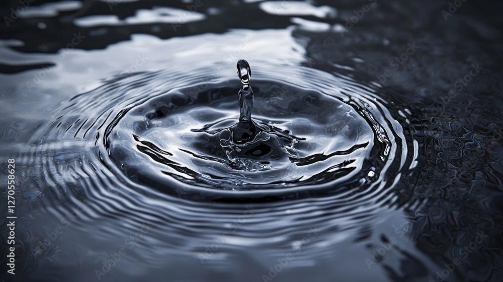 Poster water drop splashing in calm water surface creating ripples