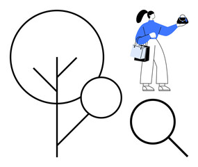 Woman in blue shirt and white pants holds bags, examines a hat with a magnifying glass. Ideal for fashion, shopping experience, consumer behavior, retail analysis, abstract art, modern lifestyle