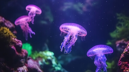 Bioluminescent Jellyfish Floating Gracefully in the Deep Ocean Mysterious Aquatic Display
