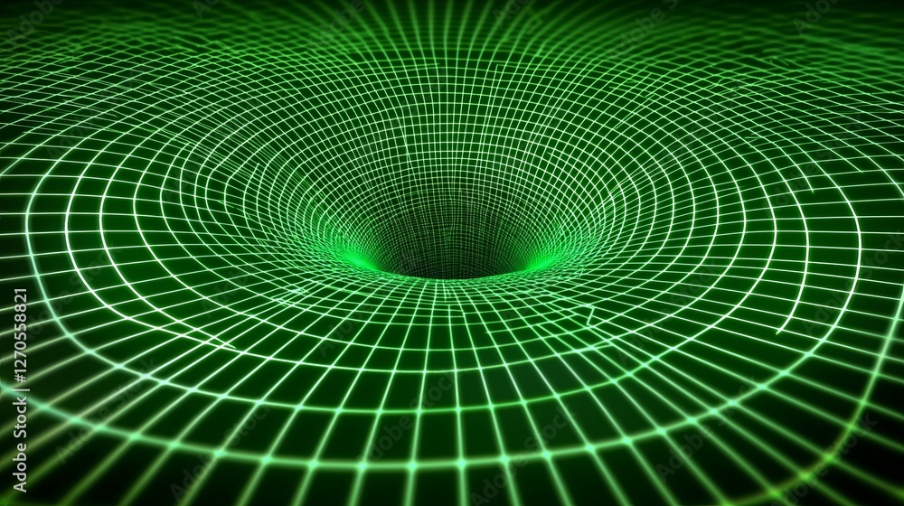 Poster green cosmic tunnel with grid lines in a 3d space perspective