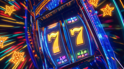 Dazzling triple sevens slot machine with sparkling lights atmosphere