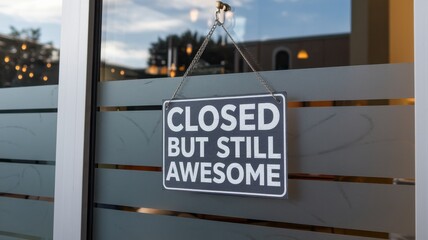 Obraz premium Hanging sign on the front door reads closed but awesome