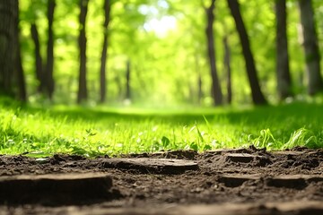 Forest path ground, sunlit grass, nature background