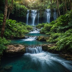 Obraz premium A serene waterfall cascading into a crystal-clear lagoon surrounded by lush greenery.