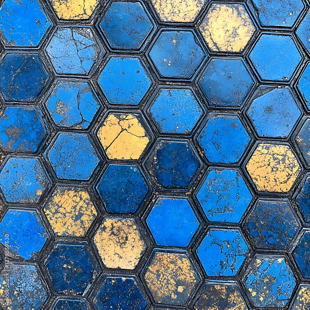 Poster blue and yellow hexagon tile floor pattern aged surface texture detail macro close up