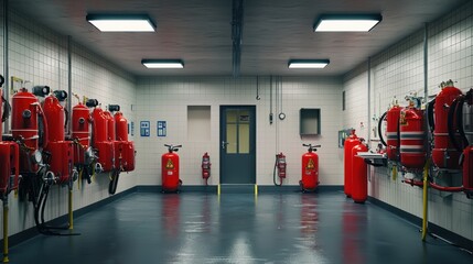 A room containing numerous red fire extinguishers attached to walls