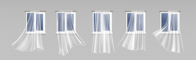 Window curtains set isolated on transparent background. Vector realistic illustration of white tulle, light fabric flying in wind, textile veil drapery for home interior design, soft silk decoration