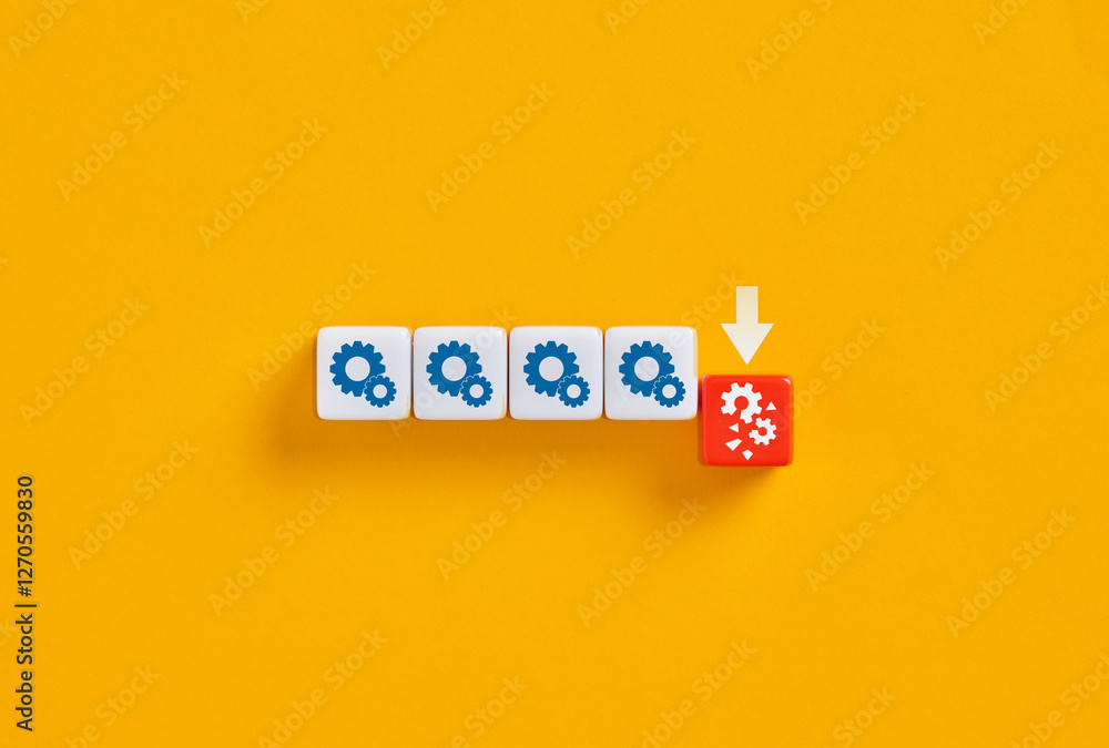 Poster white cubes with blue gears turning into red cube with question mark on yellow background