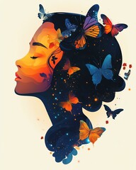 Naklejka premium Woman with butterflies illustration, surreal portrait of a woman with butterflies in her hair symbolizing transformation and creativity