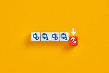 White cubes with blue gears turning into red cube with question mark on yellow background