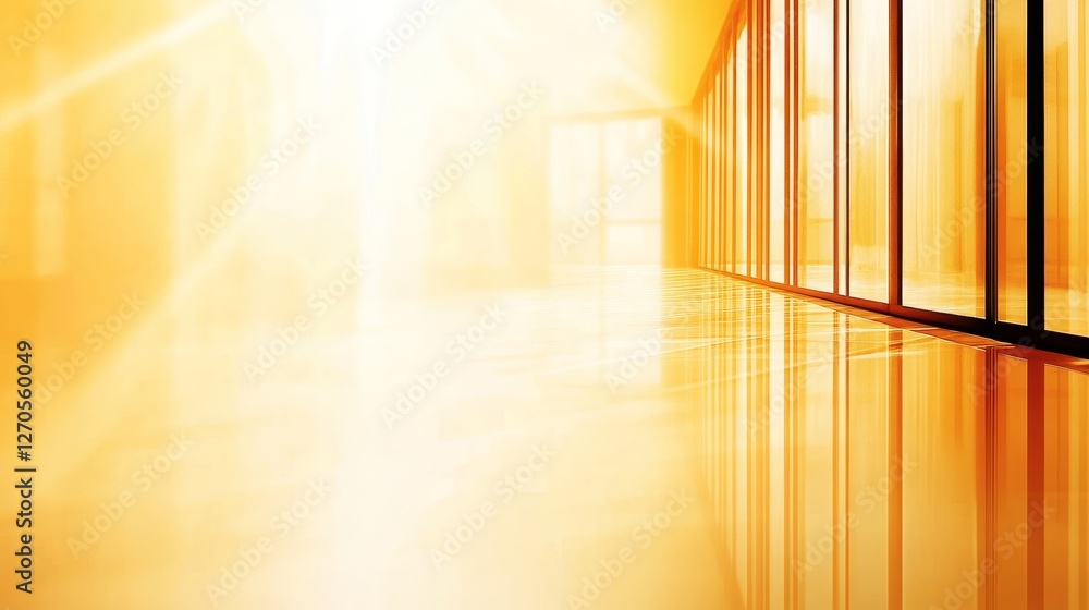 Wall mural Bright, sunlit interior of a modern building reflecting light on polished floors