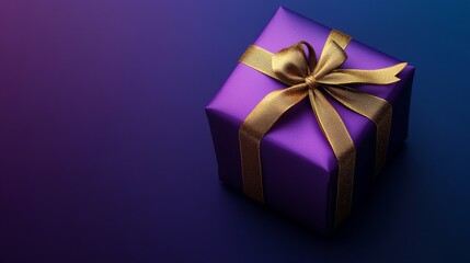 Obraz premium Vibrant Purple Gift Box Adorned with Golden Ribbon on Dark Background
