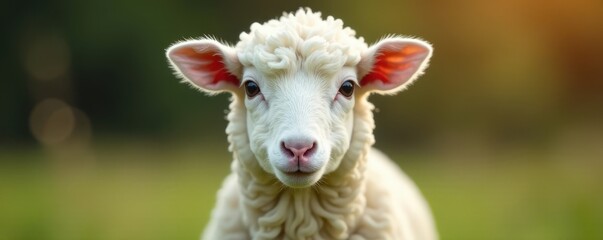 Fototapeta premium A single white sheep, front and center, against a blurred background, wool, sheep