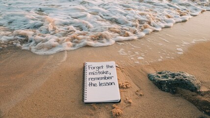 A notebook with an inspirational quote sits on the beach