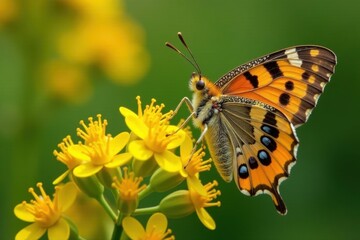 Butterfly moth rests on vibrant goldenrod, pollen dusting wings, wings, flora