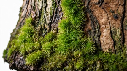A collection of lush green moss growing on textured pine bark, highlighting the beauty of nature and organic textures. Perfect for environmental, botanical, and forest-themed designs.
