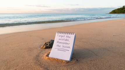 Inspirational message on a notebook rests on a sandy beach