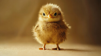 Obraz premium A photograph of a small, golden-yellow chick with ruffled feathers, standing slightly tilted on a beige solid background