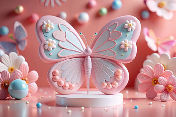 Fototapeta premium Pink Butterfly Display on Pink Background with Flowers and Balls. Possible Use Greeting Card