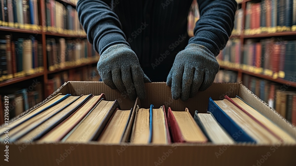 Poster hands in gloves sorting books in a library box.