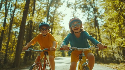 Children with glasses riding bikes for myopia prevention. Featuring a scenic path lined with trees