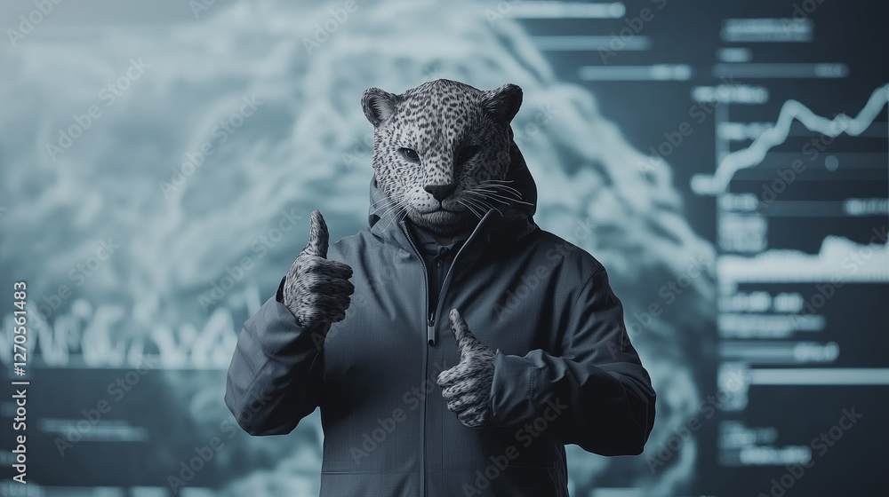 Poster leopard-headed figure with thumbs up in front of screen: a unique and conceptual image of a leopard-