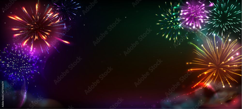 Aufkleber colorful fireworks with sparkling bursts on dark sky. festive pyrotechnic effects with brilliant lig