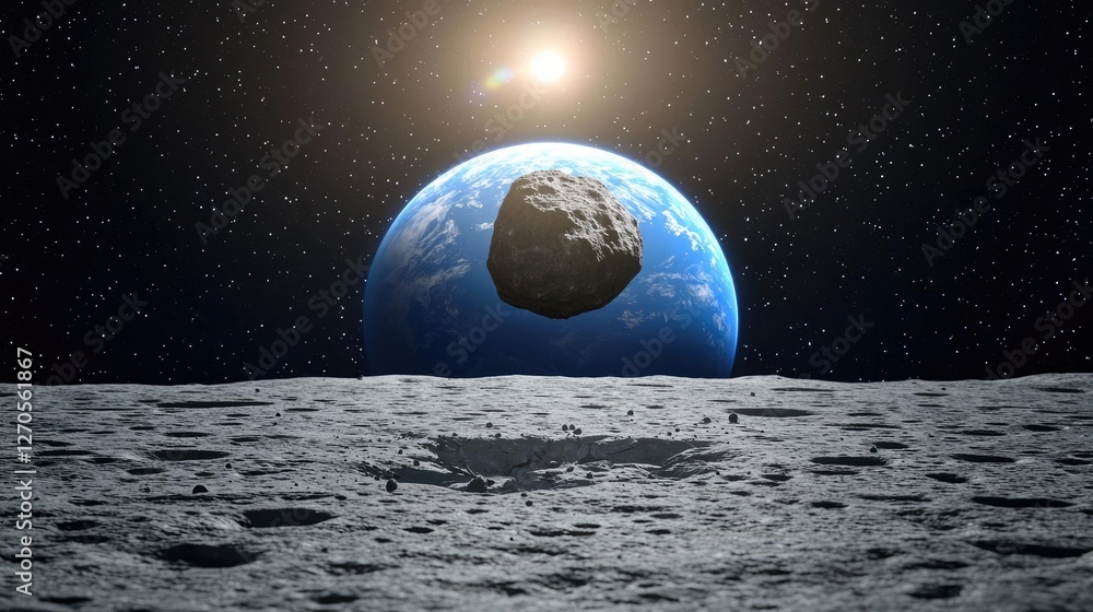 Poster asteroid impact idea. view of earth from the moon with an asteroid in foreground and sun in the back