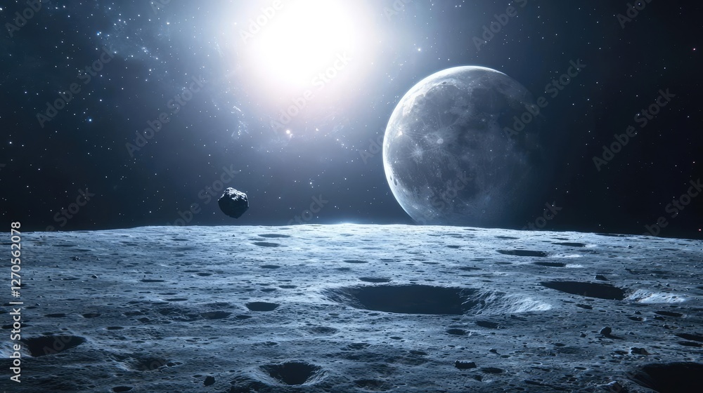 Poster asteroid impact idea. stunning view of moon surface with distant planet and star shining in the back