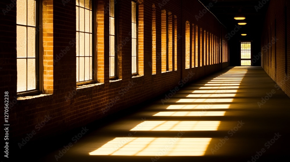 Aufkleber sunlight casting shadows in a brick corridor with windows, creating a warm atmosphere