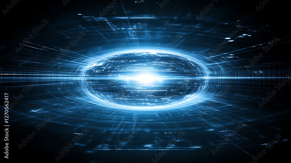 Poster captivating spherical data core with vibrant light and futuristic technological design elements