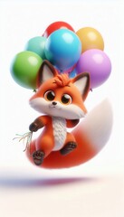 Naklejka premium Playful fox with balloons whimsical scene digital art cheerful environment close-up view