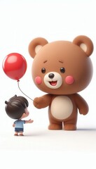 Fototapeta premium Child playfully interacts with cute bear character bright studio setting animation whimsical