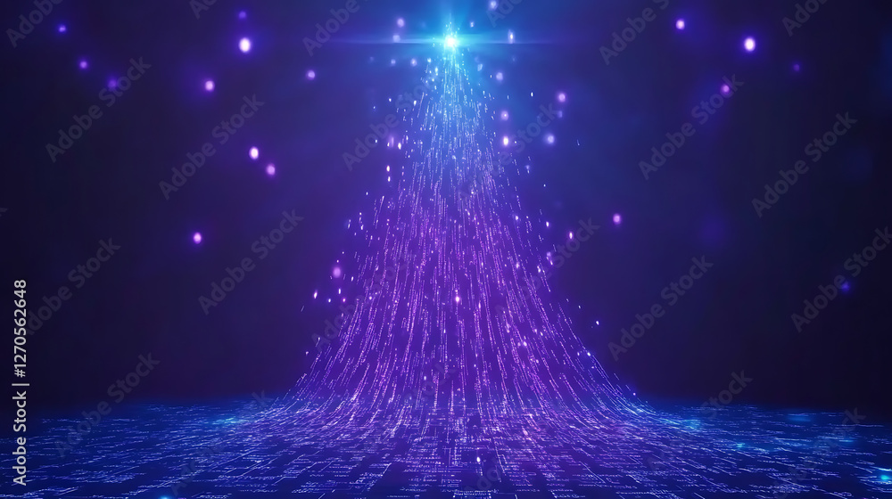 Poster cascading violet particles ascending from floor with lens flare and bokeh lights elegant design