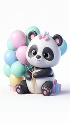 Cute panda holding colorful balloons whimsical setting 3d character illustration
