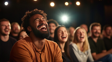 Fototapeta premium The Joy of Laughter: A diverse crowd is captured in a moment of uproarious laughter, their faces illuminated by the stage lights, creating an atmosphere of shared amusement and happiness.