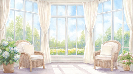 Fototapeta premium Tranquil Sunlit Room with Wicker Chairs