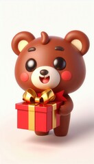 Cute bear character holding gift box whimsical setting 3d animation playful atmosphere