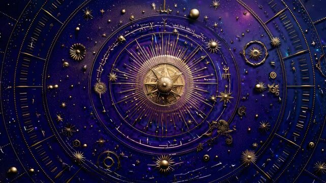 A cosmic-themed video background with a top-down view of a celestial clock, featuring intricate golden details against a deep blue starry sky.