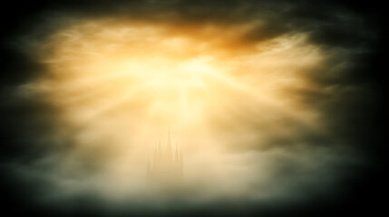 Fototapeta premium Castle Silhouette Emerging Through Cloudy Skies in Divine Light Emanating Radiantly Above