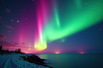 Shimmering curtains of green and pink aurora paint the starlit sky , spectacular, Greenland