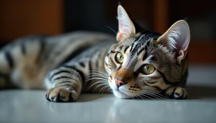 Sleek silver tabby American Shorthair cat resting , strong, tabby
