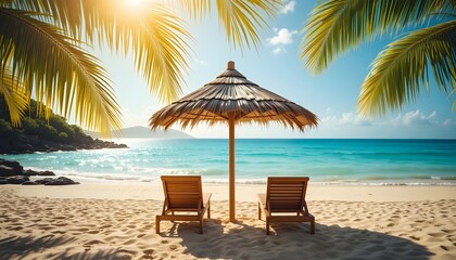 Tropical Beach Scene with Thatched Umbrella and Lounge Chairs