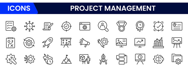 Project management banner website icon vector illustration concept with icon of human resources, risk, scope, cost, communication, time and procurement on white background